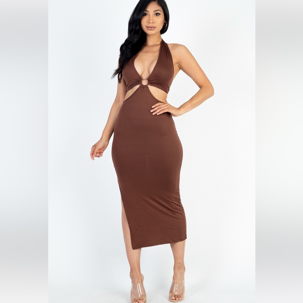 LAST ONE | NEW Brown Front Cut Out Halter Neck Back Tie Midi Dress